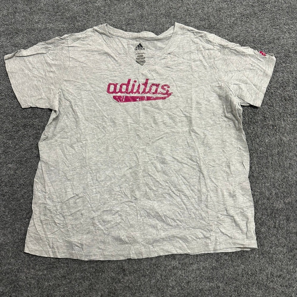 Adidas T-Shirt Womens Size 1X Gray Pink Graphic V-Neck Short Sleeve Athletic Top